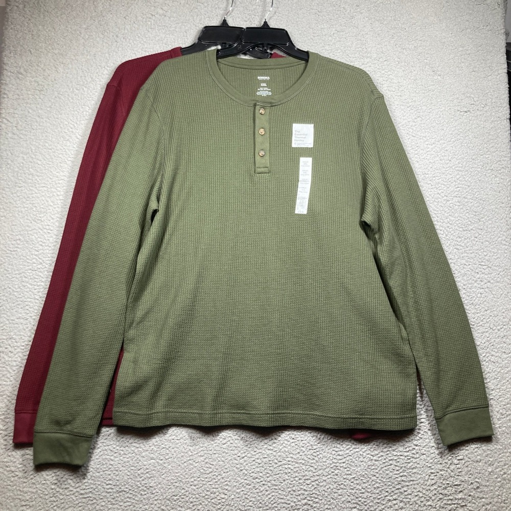 Sonoma Thermal Shirts Men XXL NEW Green Burgundy 2 Pack Waffle Knit Crew/Henley